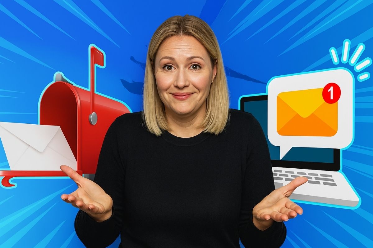 Žena sa osmehom stoji ispred pozadine sa poštanskim sandučetom i simbolom e-mail poruke, prikaz direct mail marketinga