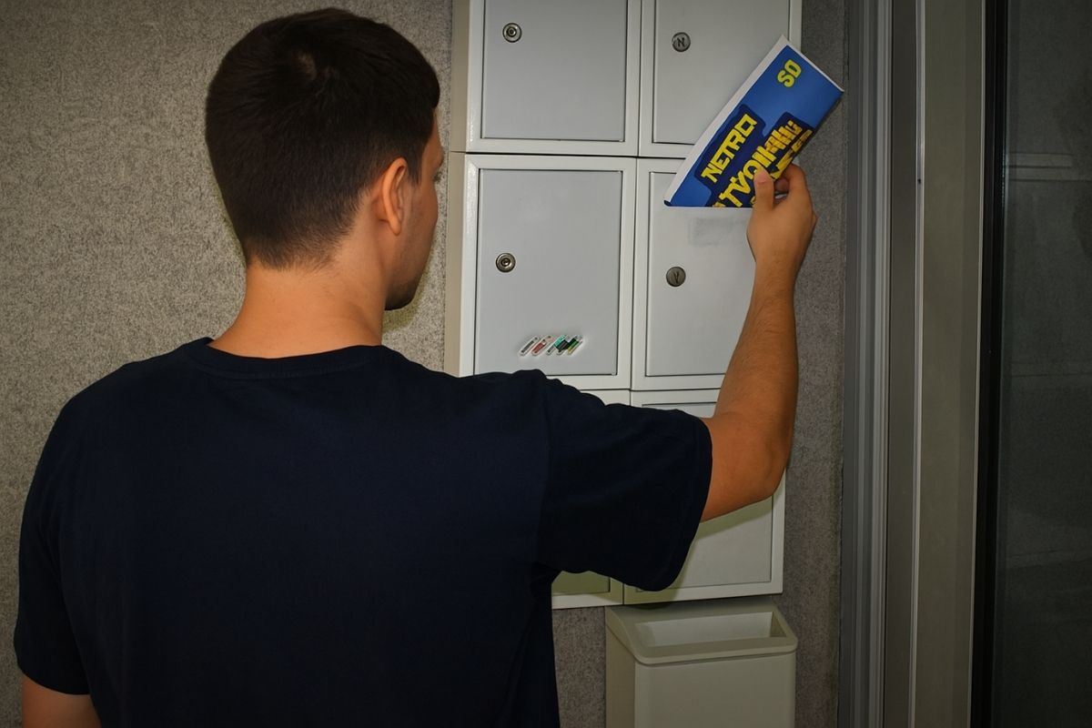 Muškarac ubacuje promotivni flajer u poštansko sanduče u hodniku zgrade, prikaz tradicionalne distribucije materijala