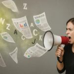 Žena govori kroz megafon dok iz njega izleću novine i simboli, predstavljajući širenje poruka putem offline marketinga