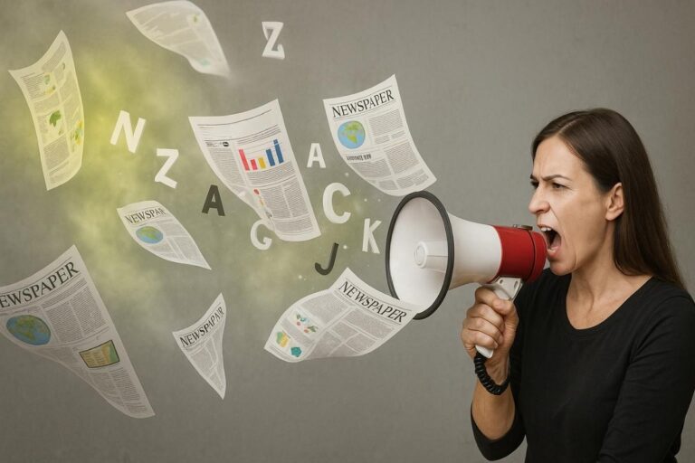 Žena govori kroz megafon dok iz njega izleću novine i simboli, predstavljajući širenje poruka putem offline marketinga