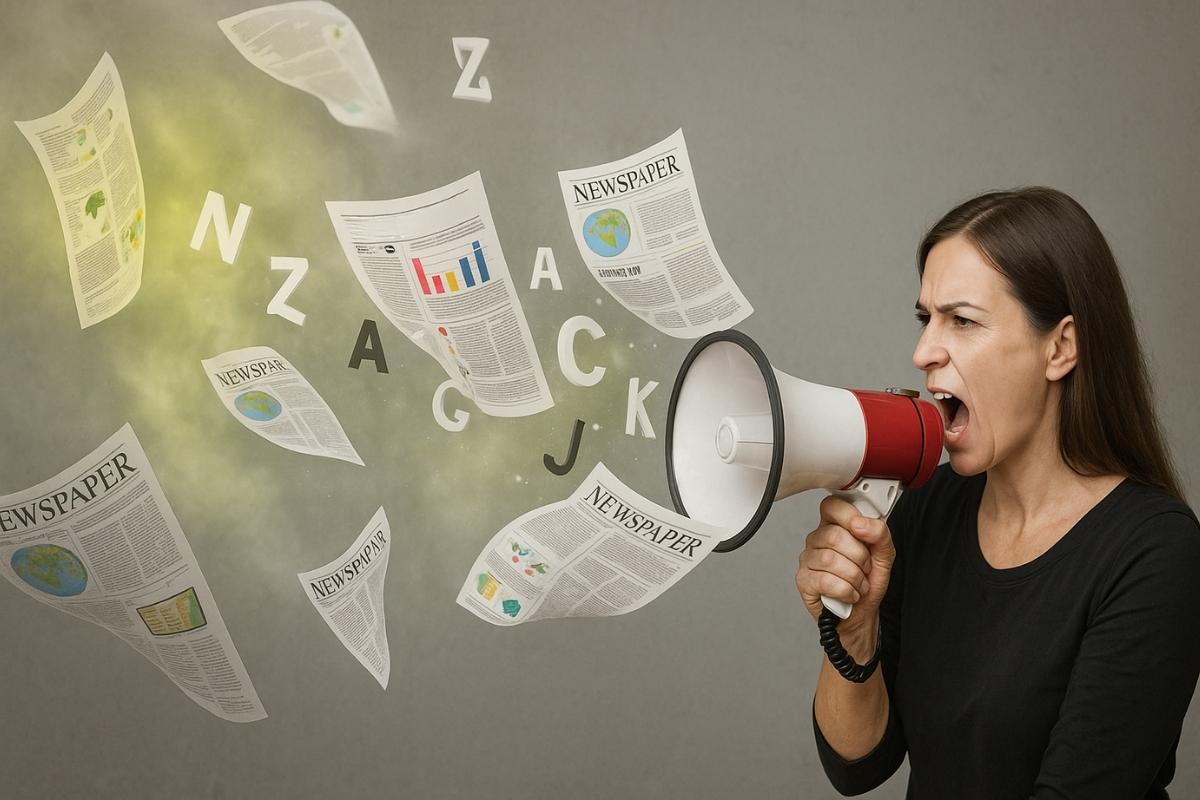 Žena govori kroz megafon dok iz njega izleću novine i simboli, predstavljajući širenje poruka putem offline marketinga