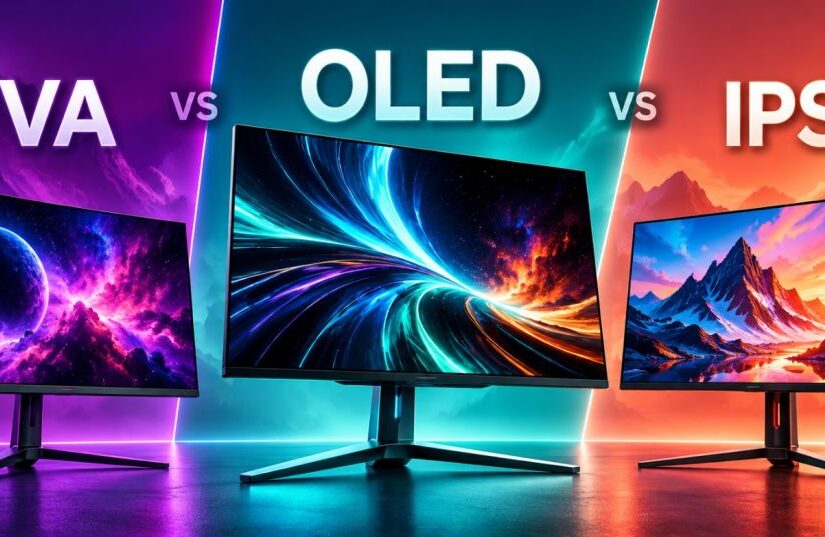 tri gaming monitora u tri različite kolor celine prikazuje poređenje VA, OLED i IPS panela