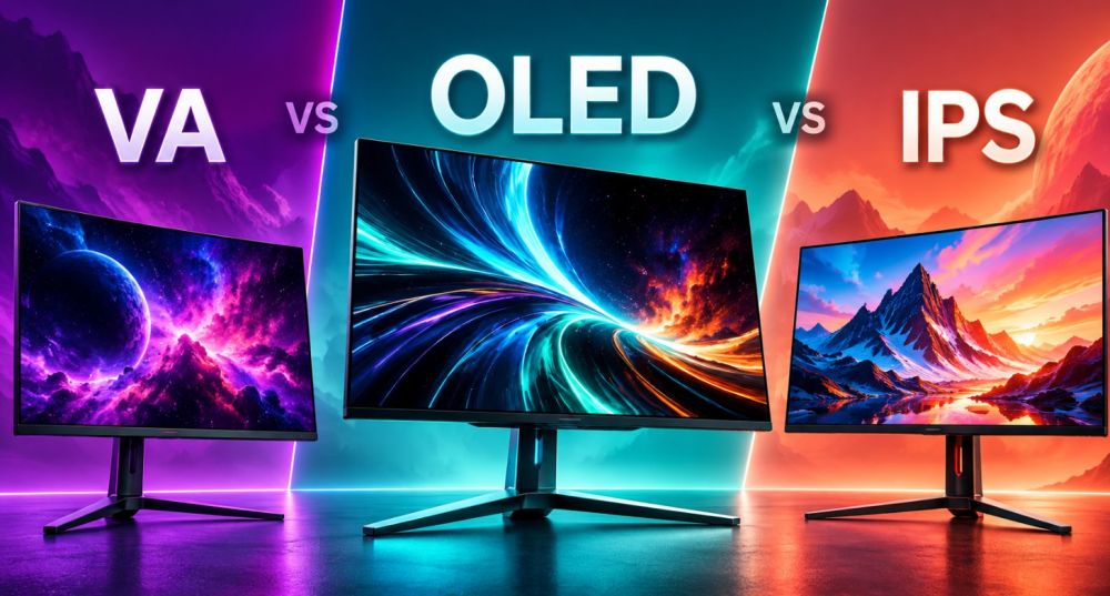 tri gaming monitora u tri različite kolor celine prikazuje poređenje VA, OLED i IPS panela