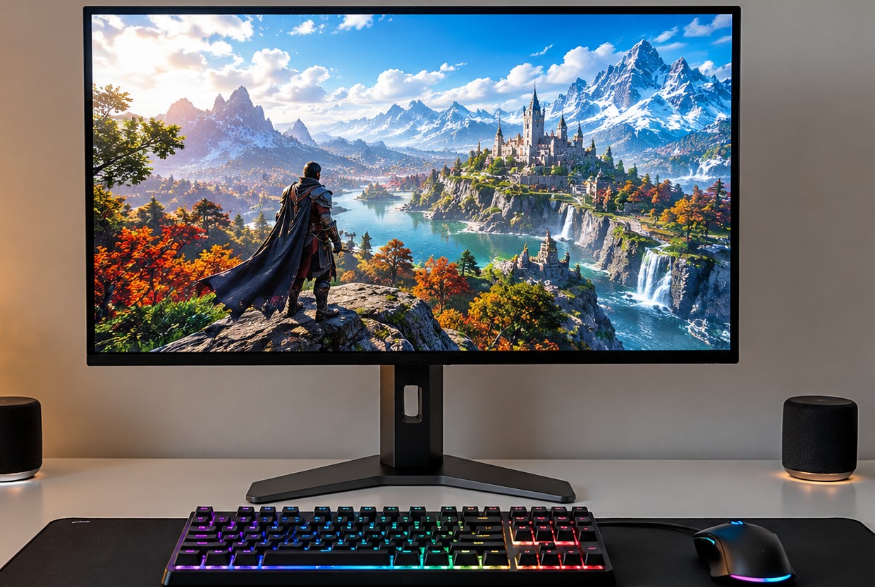 Moderan gaming sto sa velikim IPS monitorom koji prikazuje živopisnu fantastičnu igru, uz RGB tastaturu, miš, zvučnike i kontroler