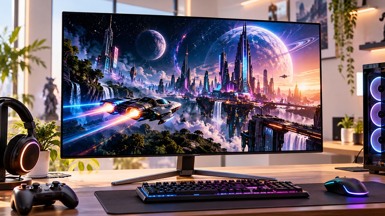Moderan OLED gaming monitor prikazuje futuristički svemirski grad sa planetama i svemirskim brodom, uz RGB tastaturu, miš, slušalice i gaming računar