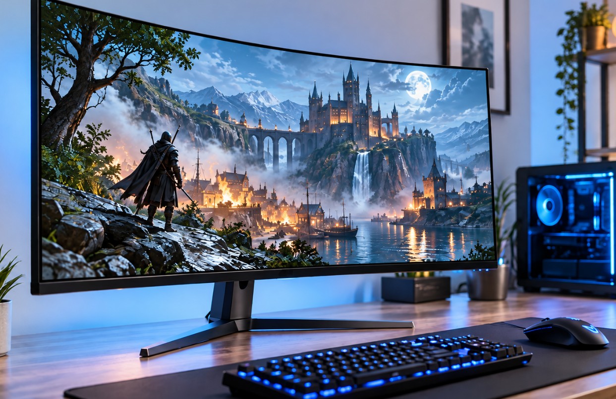 Zakrivljeni VA gaming monitor prikazuje fantastičnu igru sa zamkom, planinama i vodopadima, uz plavo osvetljenu tastaturu, miš i računar na modernom gaming stolu